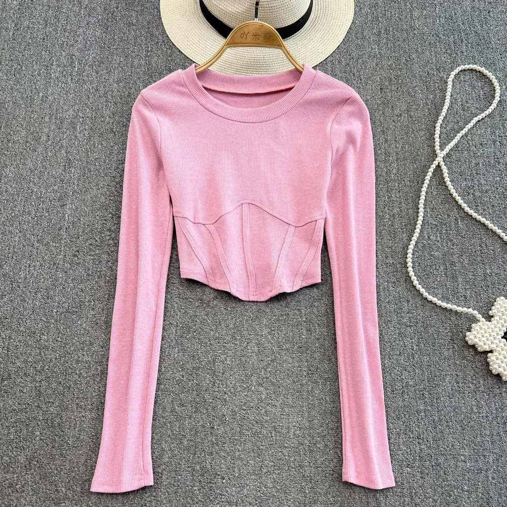 Chic Skinny Irregular Tshirt Sexy Ribbed Slim T Shirt Korean Fashion Tees  Long Sleeve High Waist Women Spring Autumn Crop Top