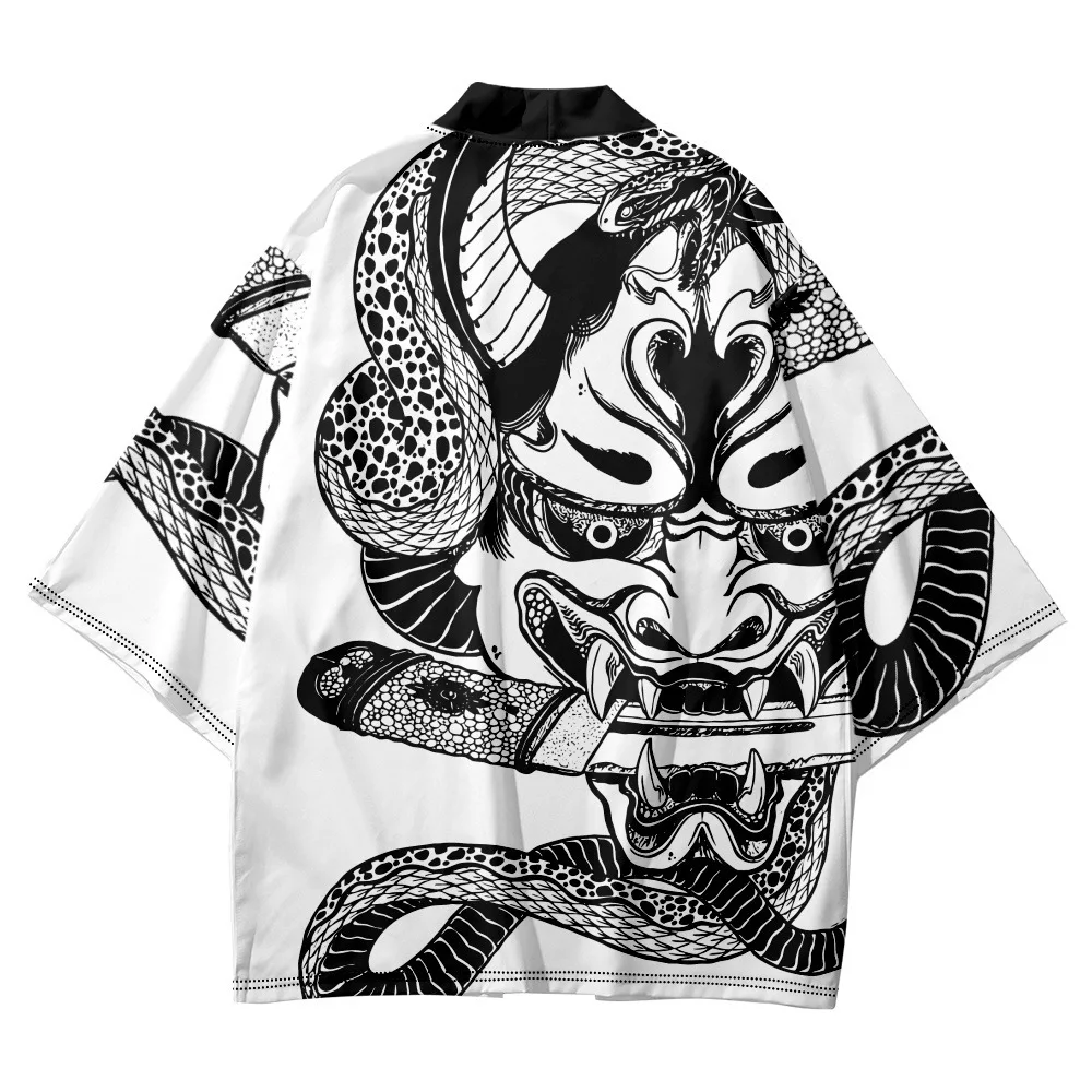 Summer Demon Snake Print Cardigan Men\'s Chinese Dragon Pattern Japanese Kimono Plus Size Asian Traditional Costume Cosplay Coat