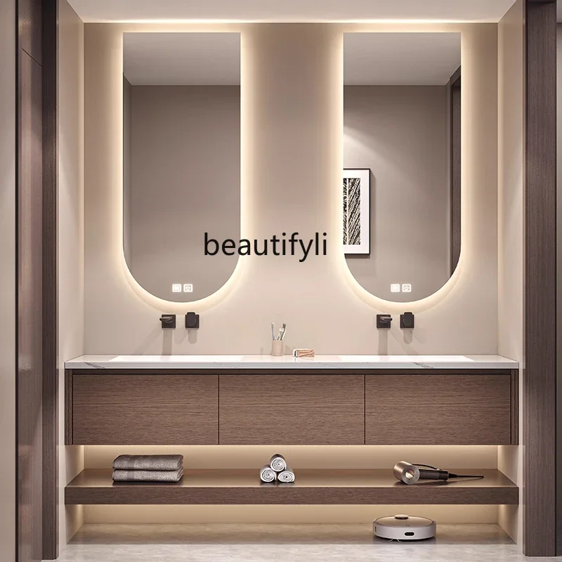 

basin cabinet, rock slab hot bending seamless ceramic integrated basin, light luxury solid wood, bathroom cabinet45