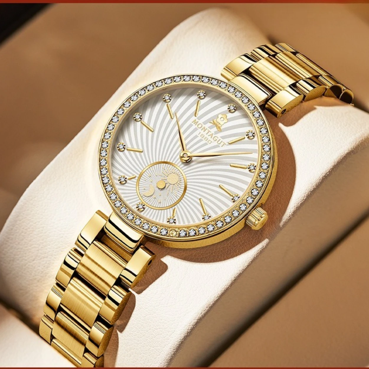 Pearl White Gilded Women Quartz , Stainless Steel Band, Waterproof, Luminous Face, Small Second Subdial, Coco Style Wrist Watch