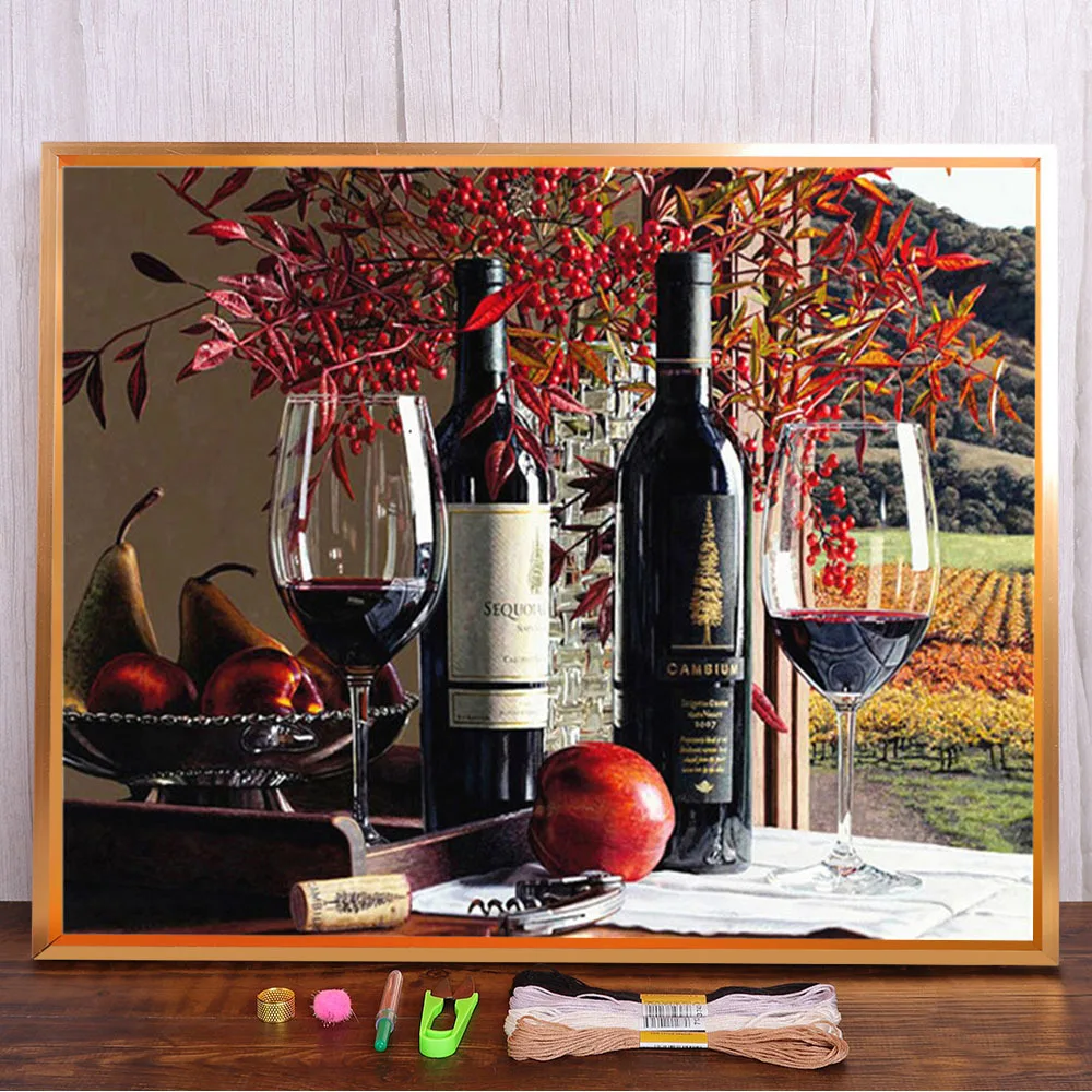 Wine Fruit Printed Fabric 11CT Cross-Stitch Patterns Embroidery DMC Threads Handiwork Knitting Painting Hobby Counted