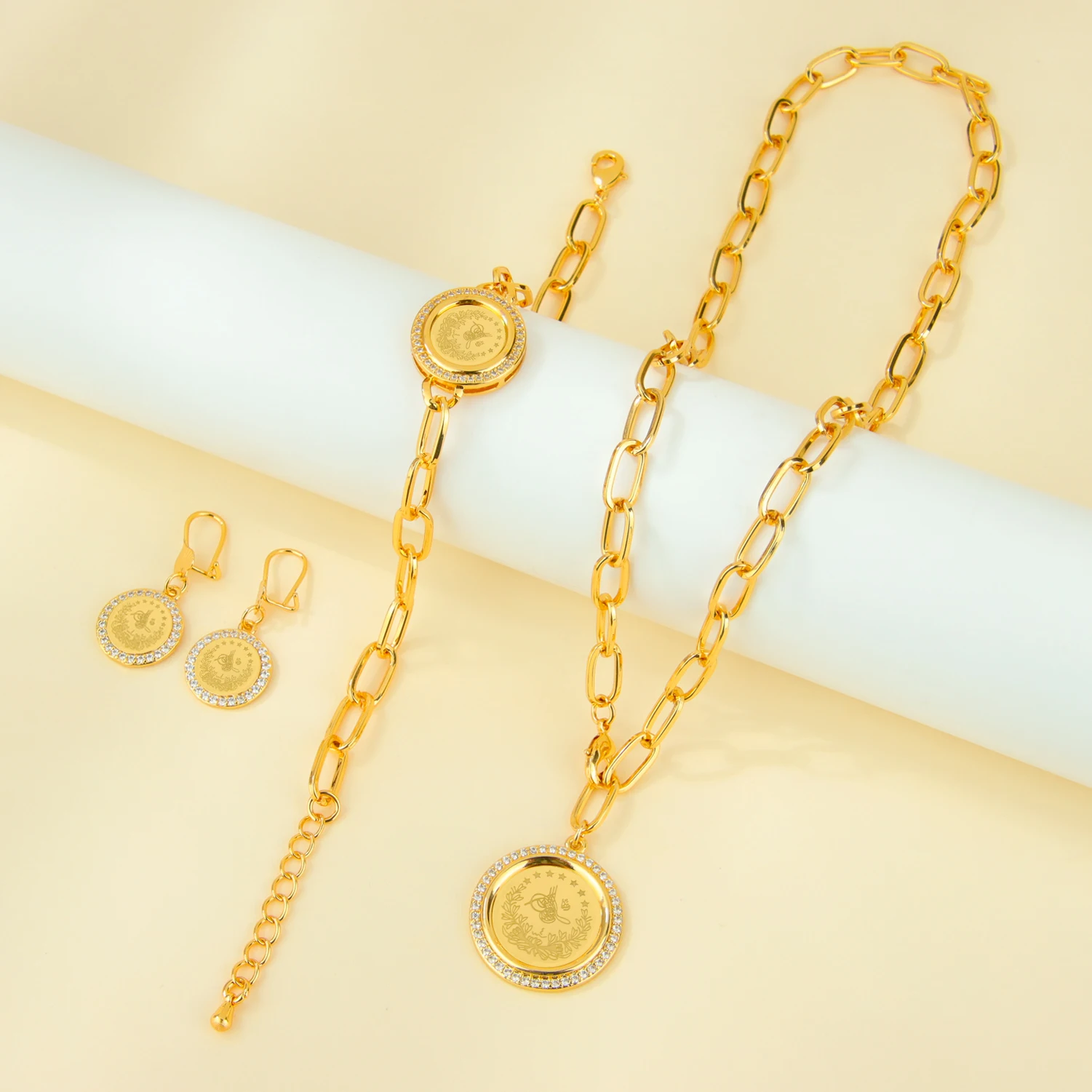 Türkisches Mode-Münzschmuckset 21k Vergoldet Nigeria Braut Hochzeit Zirkonia Halskette Armband Ohrringe Dubai Gold Schmuck – Detail 7