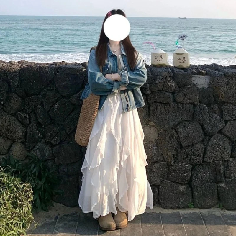 Deeptown Sweet Elegant White Long Skirt Women Fairycore Korean Style Lace Ruffle Skirt Asymmetrical Retro Street Layered Skirts
