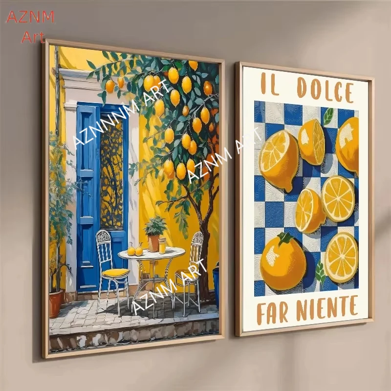 Retro Lemon Garden Canvas Art Poster-Fresh Lemon and Olive Tree Wall Prints for Modern Living Room,Office,and Home Decor Gifts