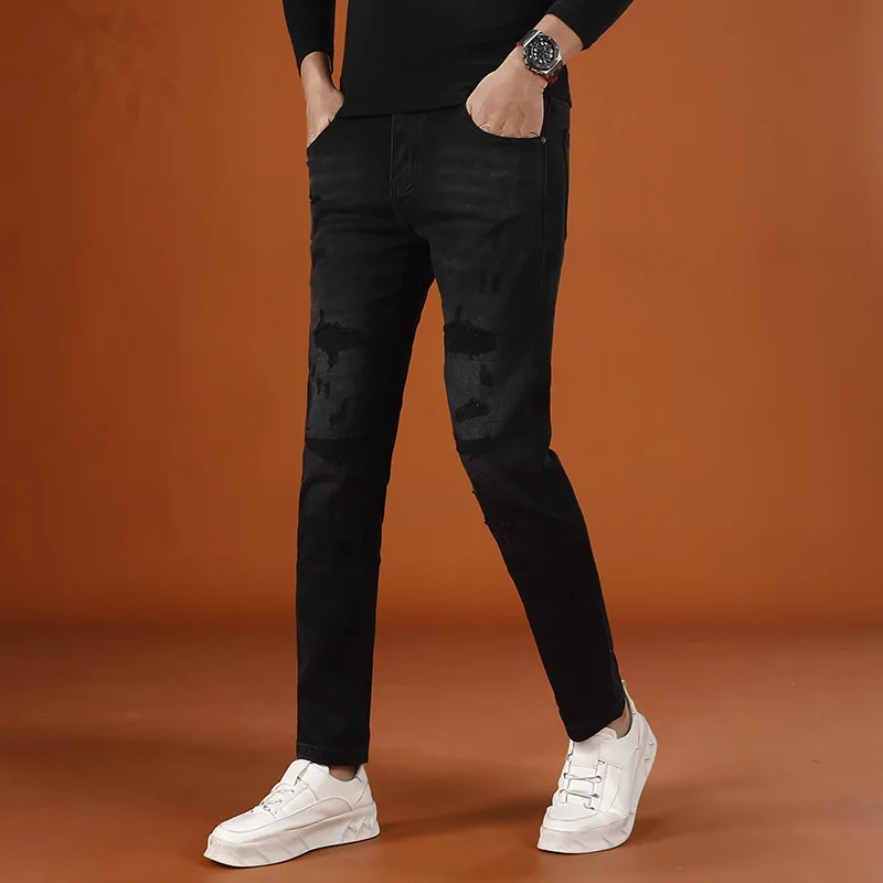 

Мужские черные брюки с маленькой ногой, новинка 2025, элитные эластичные модные уличные крутые рваные джинсы