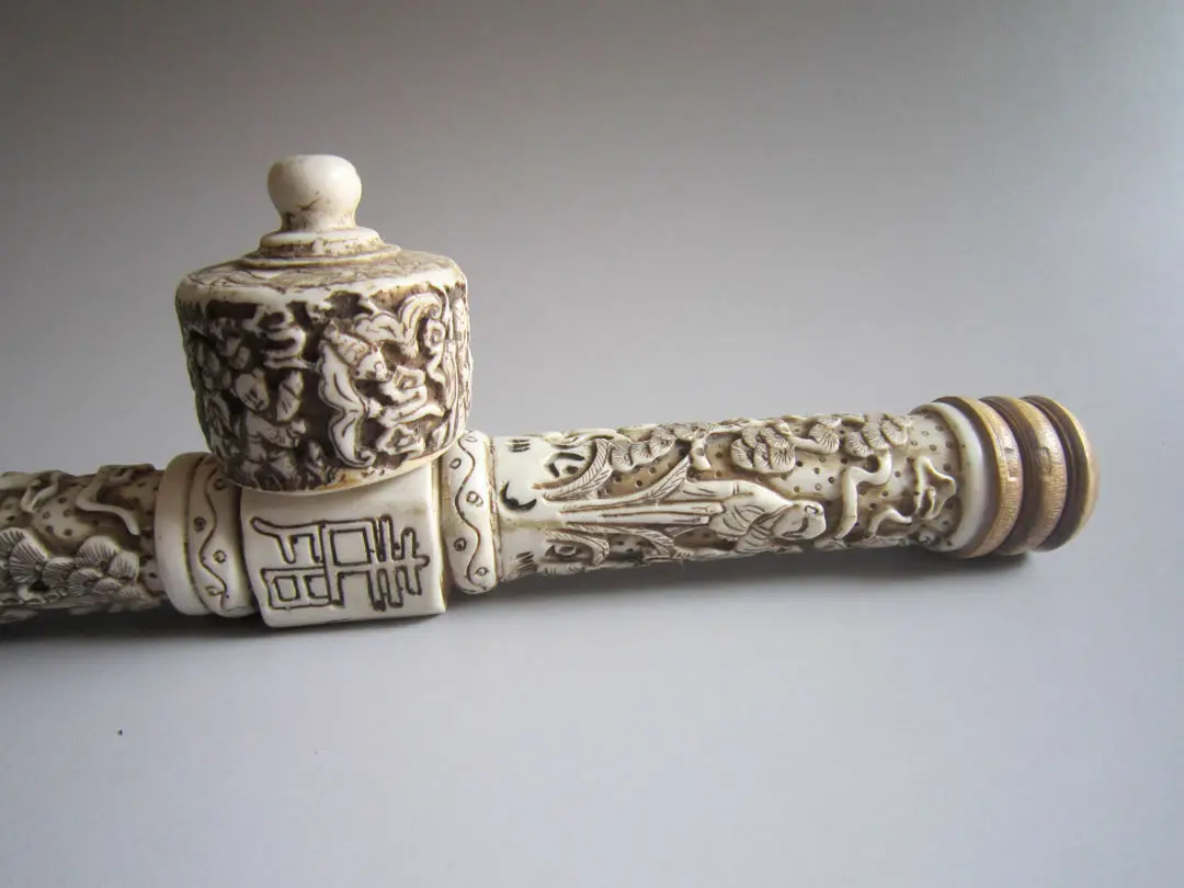 Collectibles Decorated Chinese handwork Carved Dragon old long smoking pipe