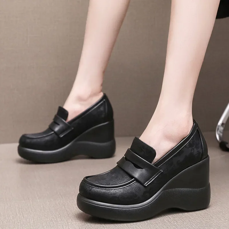 

8cm Small Size 32-43 Vintage Embroider Chunky Platform Pumps Women Loafers Wedges 2024 Fall Block High Heels Shoes Office Mom