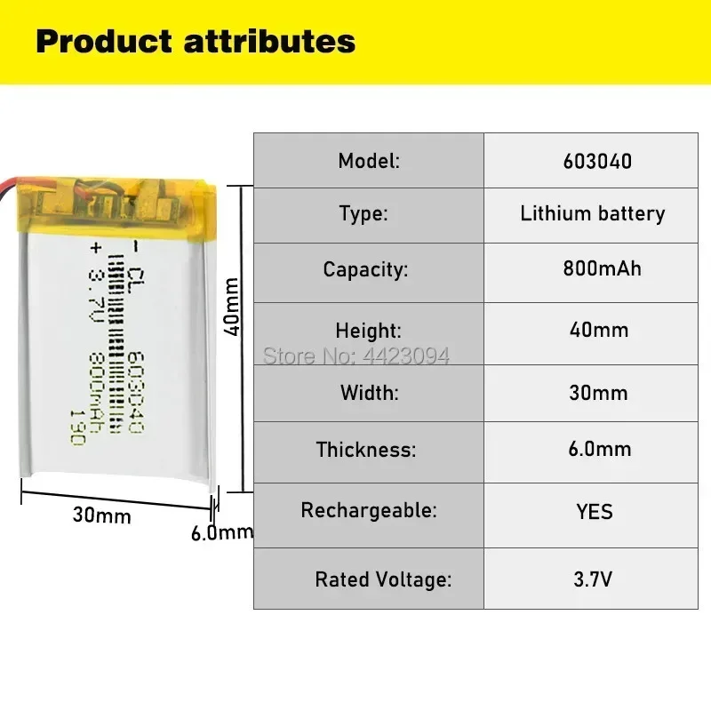 3.7v 800mah battery 603040 lithium ion li-polymer battery For PAD DVD E-book bluetooth headset Rechargeable battery accumulator