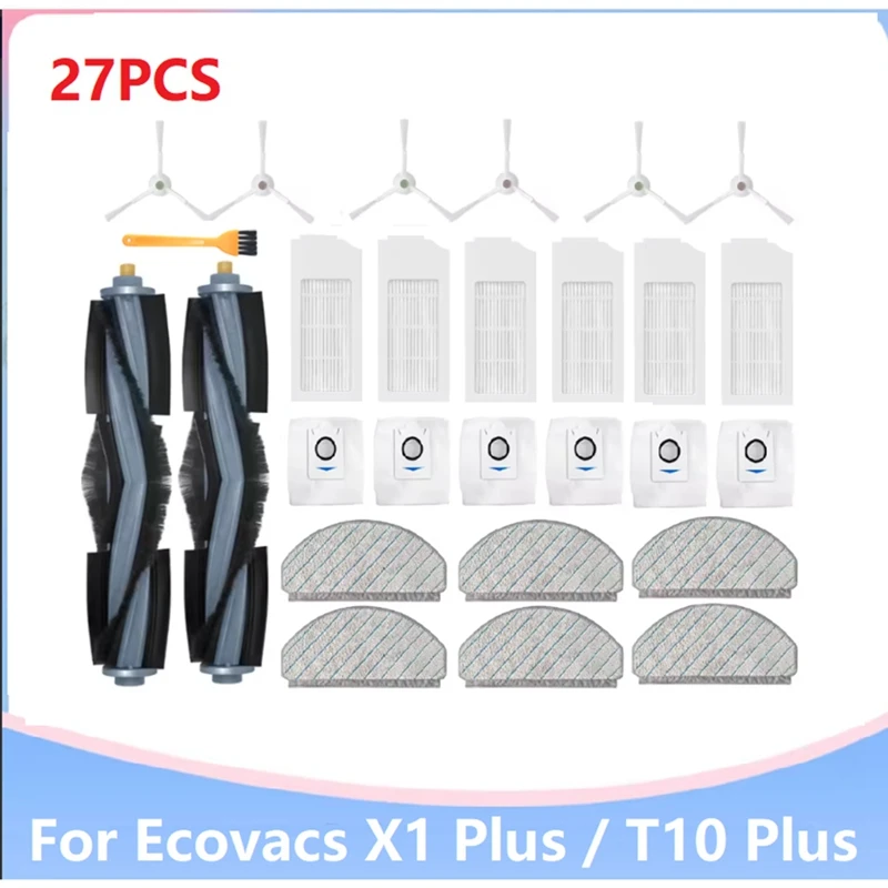 

27PCS For ECOVACS T10 / T10 PLUS / X1 PLUS Robot Vacuum Cleaner Parts Main Side Brush Hepa Filter Mop Rag Dust Bag