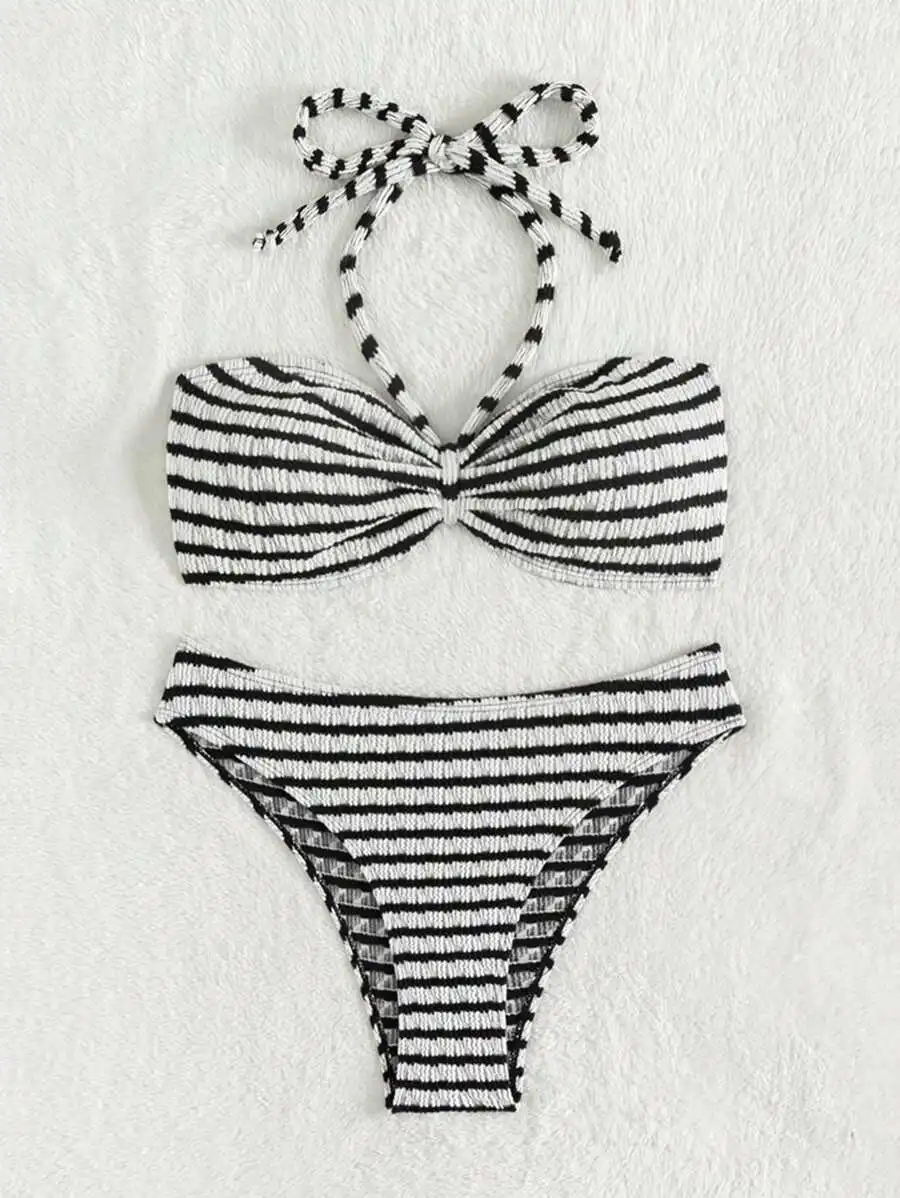 

Striped Halter Bikini Set For Women Summer Beach Swimwear