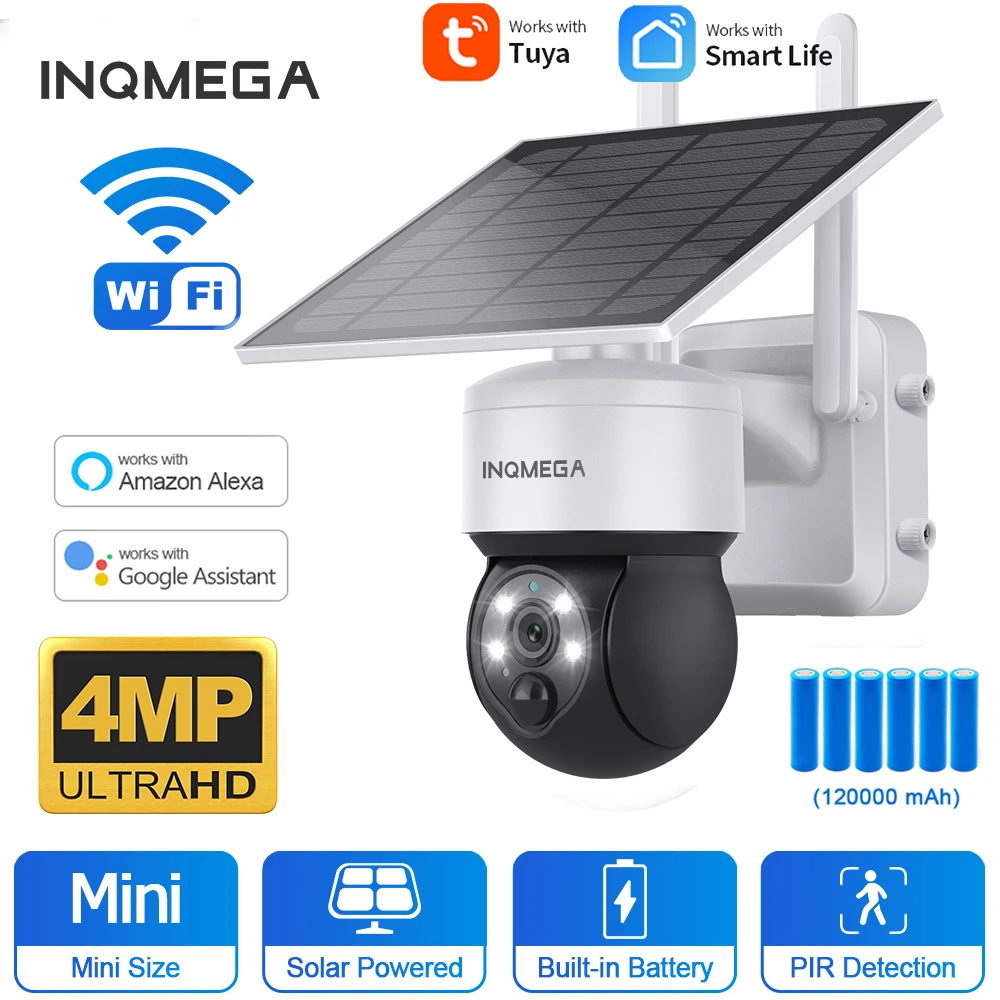 INQMEGA 4MP WIFI Solar Camera TUYA Smart PIR Human Detection Outdoor Security With Solar Panel Surveillance PTZ Battery Cameras