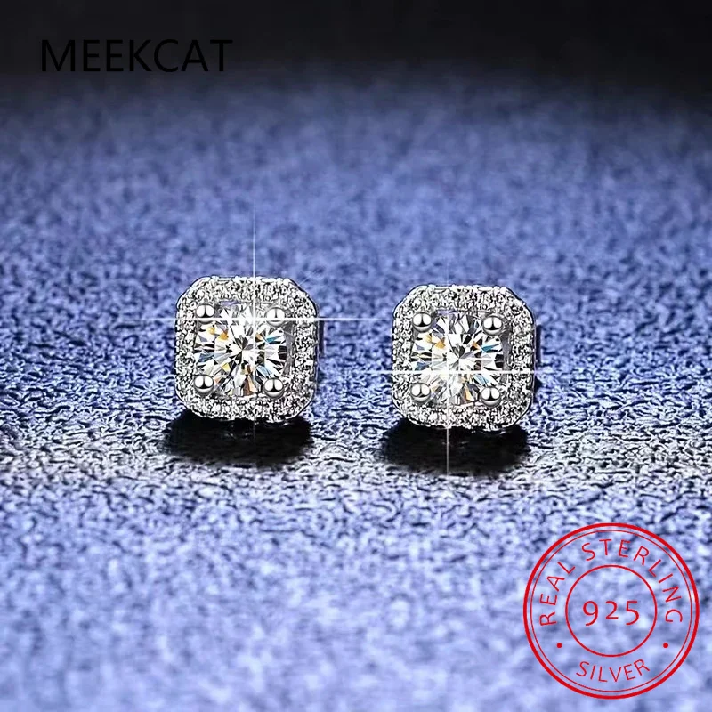 D Color VVS1 Moissanite Square Stud Earrings Women 925 Sterling Silver Moissanita Ear Studs Platinum Finish Pass Diamond Tester