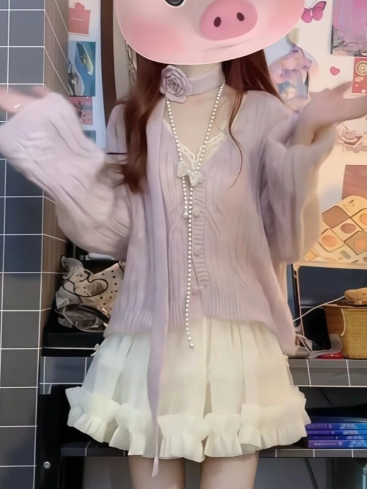 Korean Style Gentle Purple Fashion 3 Piece Set Women Chic Knitted Sweater Cardigan + Vest + Skirts Japanese Sweet Retro Outfits