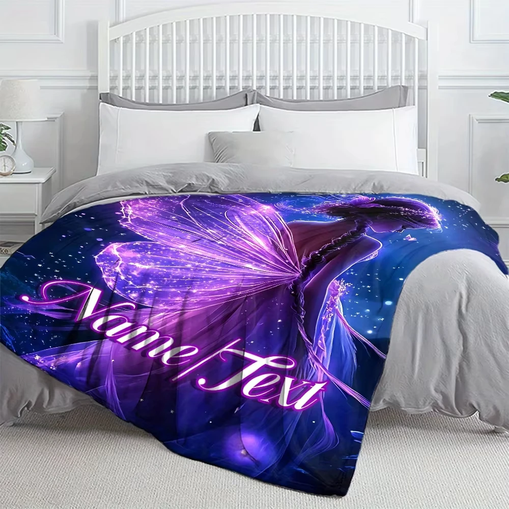 Winter Name Fairy Wings Blanket - Soft & Lightweight Flannel, Enchanting Purple & Pink Fantasy Design with Stars & Butterflies