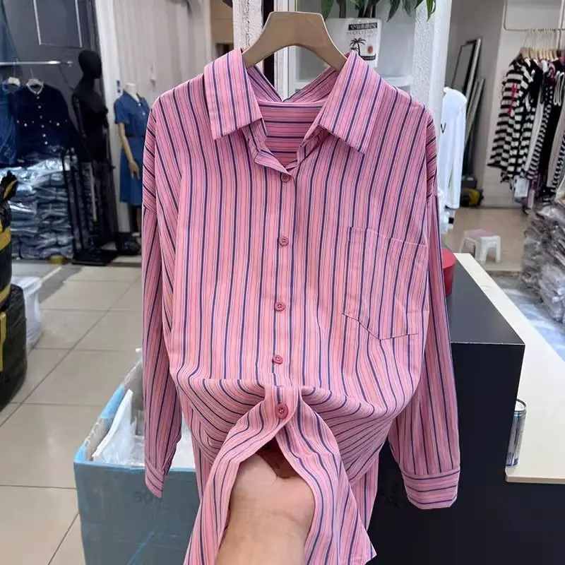 Pink Striped Long Sleeved Shirt for Women 2024 Autumn New Korean Version Loose and Fashionable Beautiful Shirt Jacket Unique Top