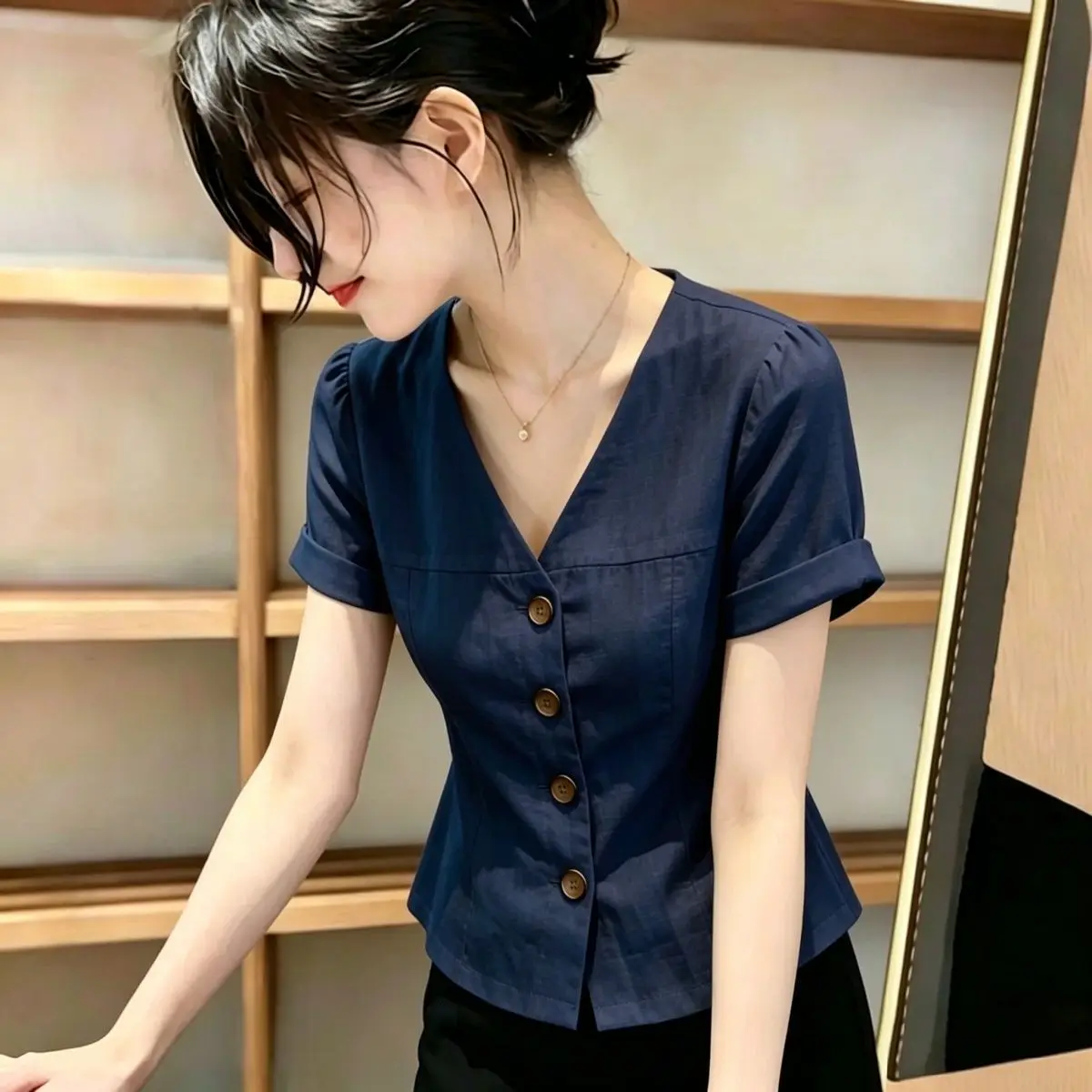 

Stylish Unique Simple Blue V-neck Short Sleeve Shirt Women's Summer Fashionable Top Trendy Polyester Blend No Iron Treatment