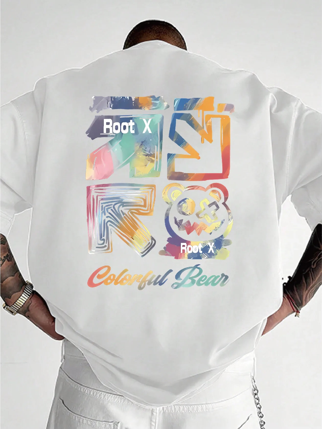 Fashionable Short-Sleeved Colorful Gradient Root X Bear Print T-Shirt Suitable for Casual Scenes