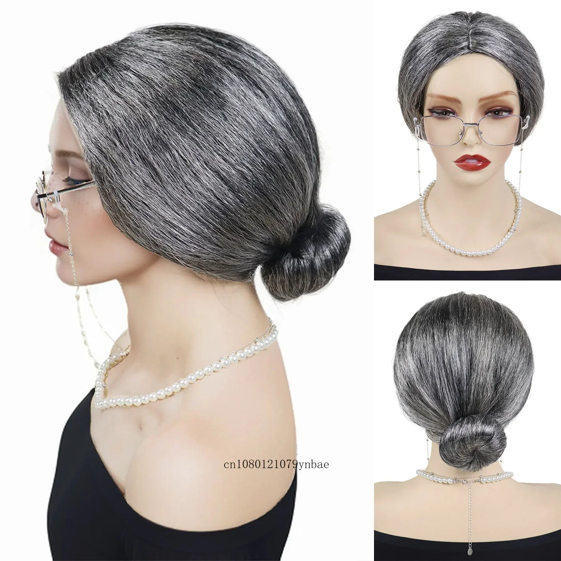 Dark Grey Old Lady Wigs Synthetic Grandma Cosplay Wig with Bun and Glasses Eyeglass Chain Pearl Necklace Daily Halloween Costume