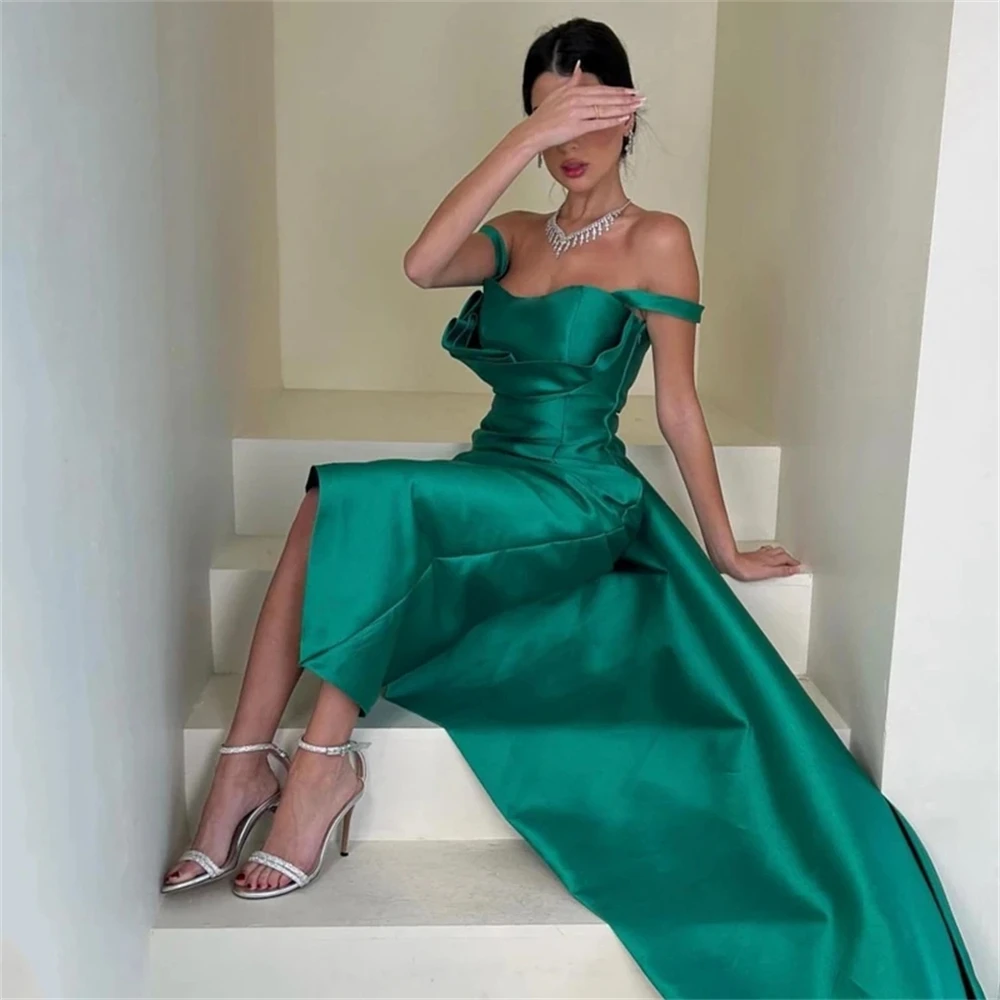 

Jiayigong Fashion Tea-length Prom Party Dress Satin Off-the-shoulder Sage A-line irregularity Pleat trailing dress