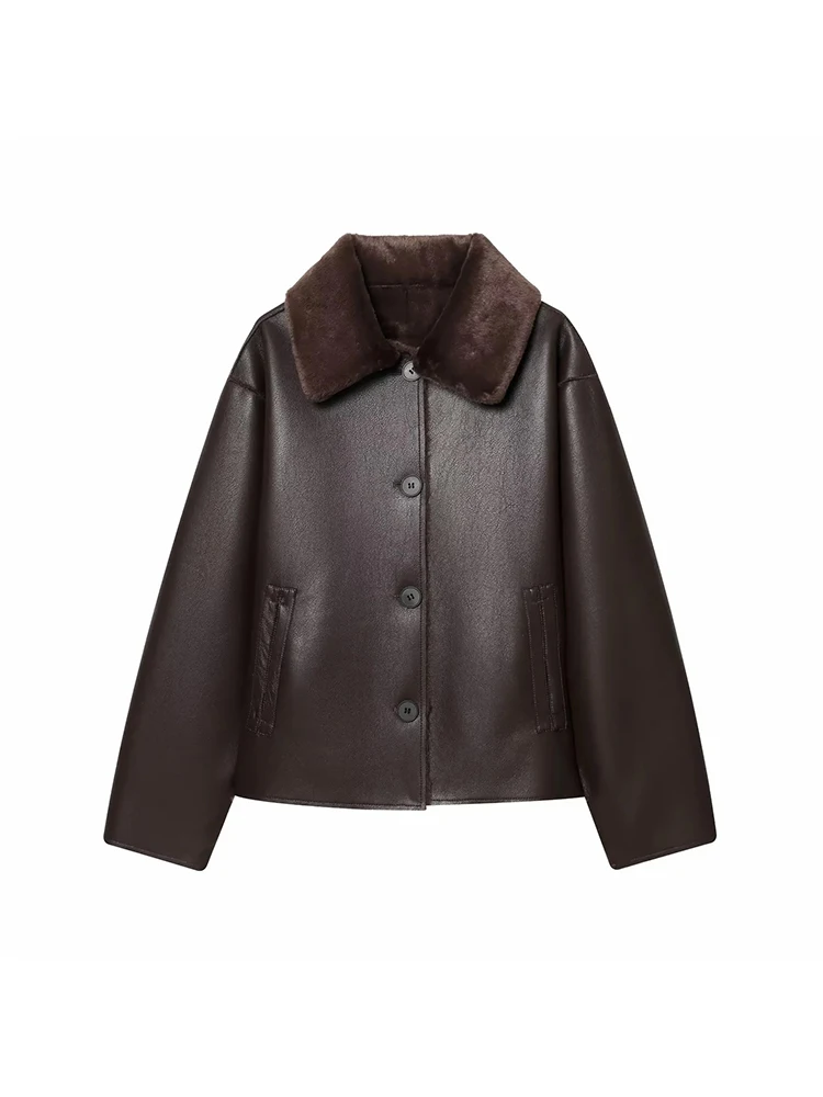 Dames omkeerbaar kunstleer revers single-breasted zakdecoratie jas vrouwelijke mode slanke lange mouwen losse warme jas