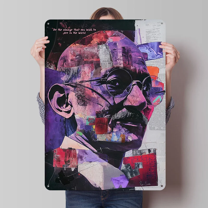 Gandhi Collage Art Printed Poster Customized Retro Wall Art Vintage Metal Tin Signs for Interior Decoration Living Room House