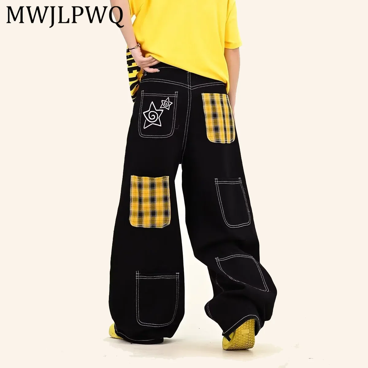 

MWJLPWQ Trendy Style Men's Summer New 2026 Personalized Printed Jeans Hip Hop Ins Street Plaid Design Oversized Long Pants 14853