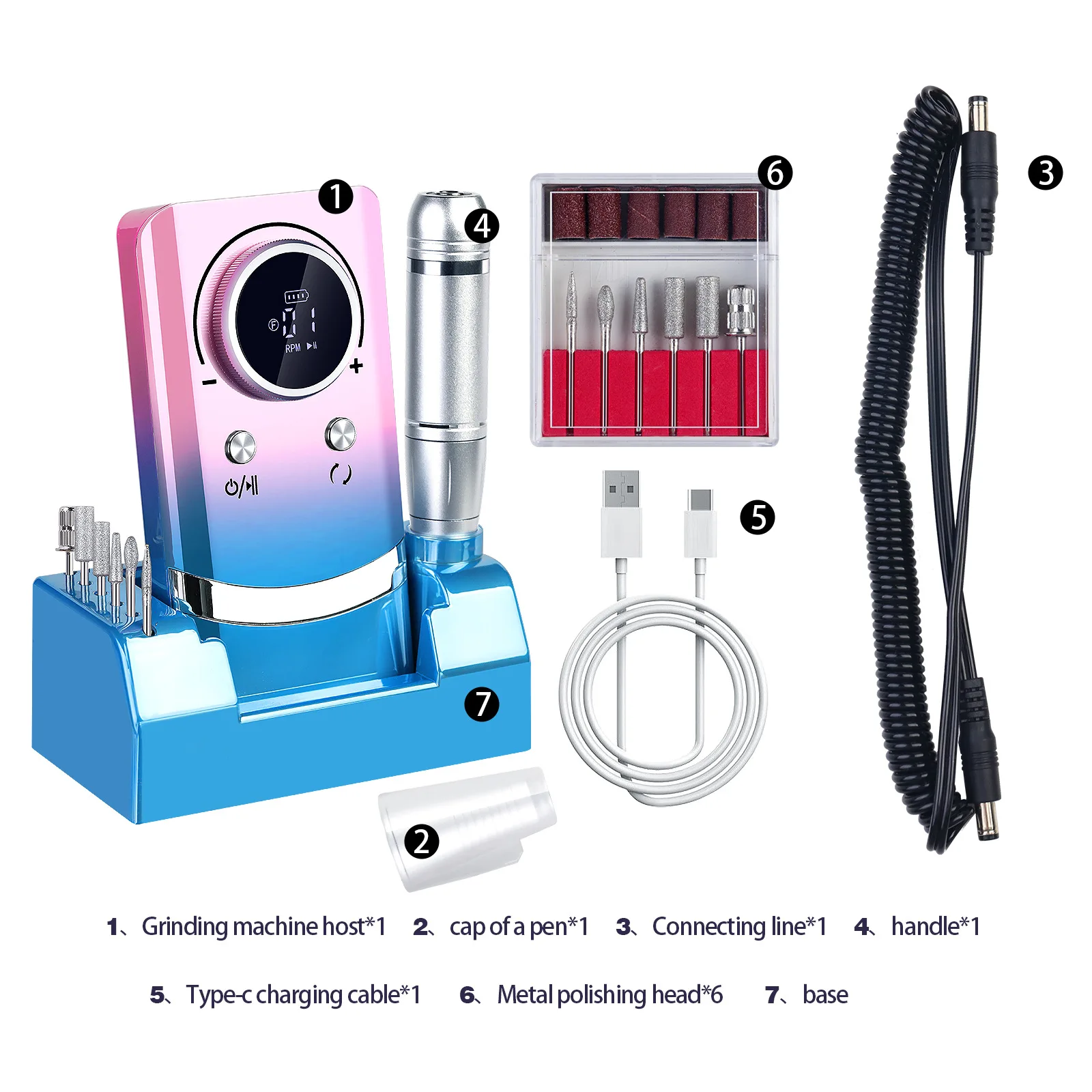 Set di smerigliatrici per manicure ricaricabili USB con trapano per unghie a batteria da 45000 giri/min con 6 punte da trapano, velocità regolabile, funzionamento a batteria a basso rumore