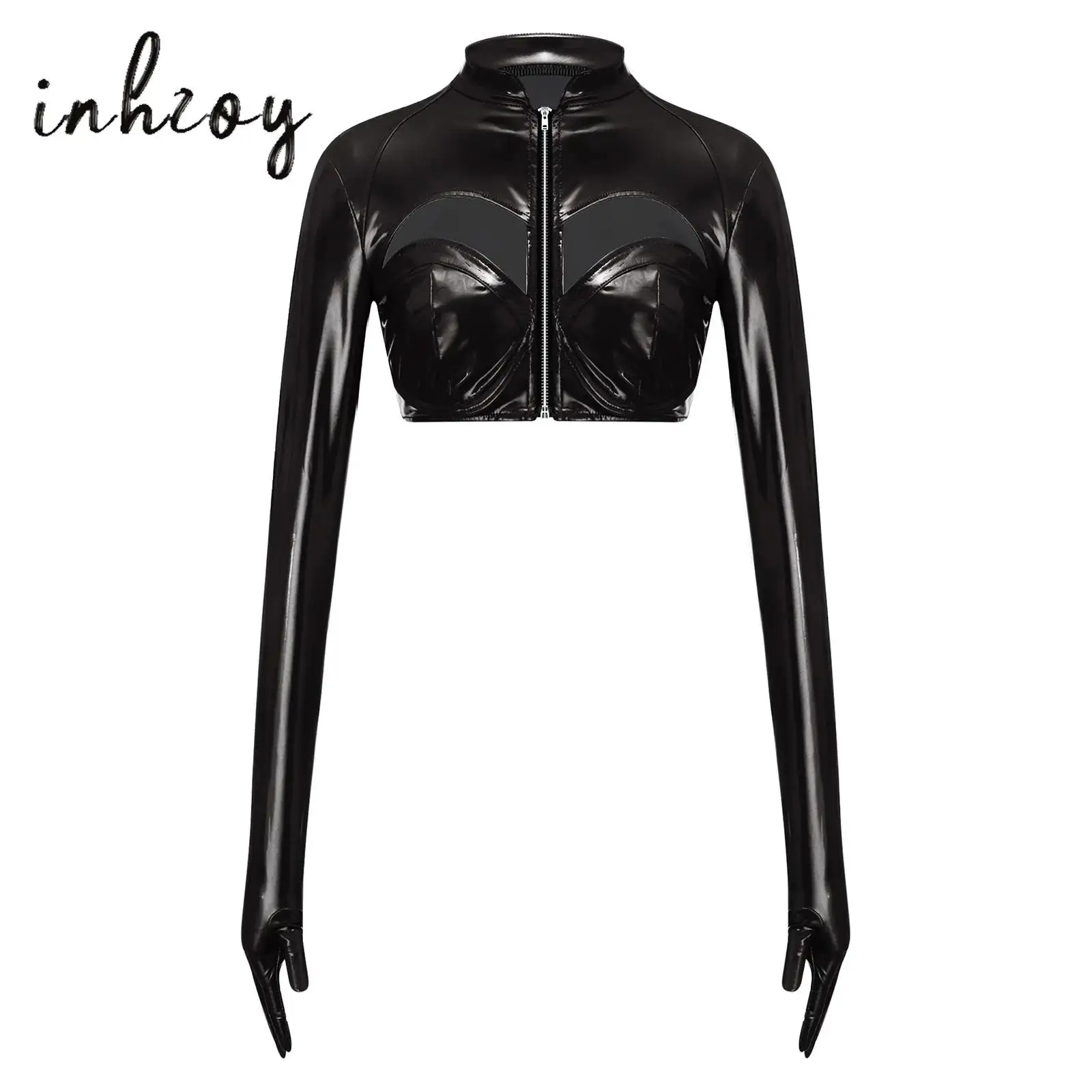 

Adults Womens Metallic Glossy Jacket Crop Top Stand Collar One-Piece Gloves Sleeve Chest Hollow-Out Front Zipper Night Clubwear