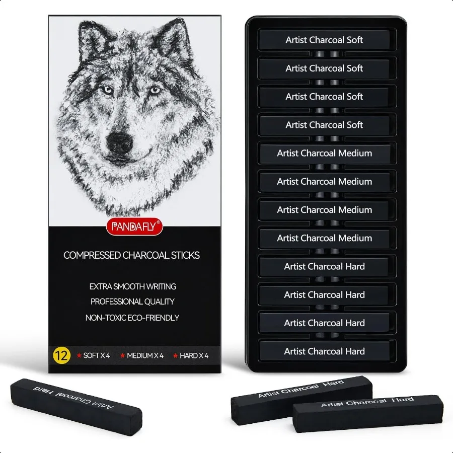 

Compressed Charcoal Sticks 12 Pieces Soft Medium Hard Square Vine Charcoal Sticks for Drawing Sketching Shading Charcoal Drawin