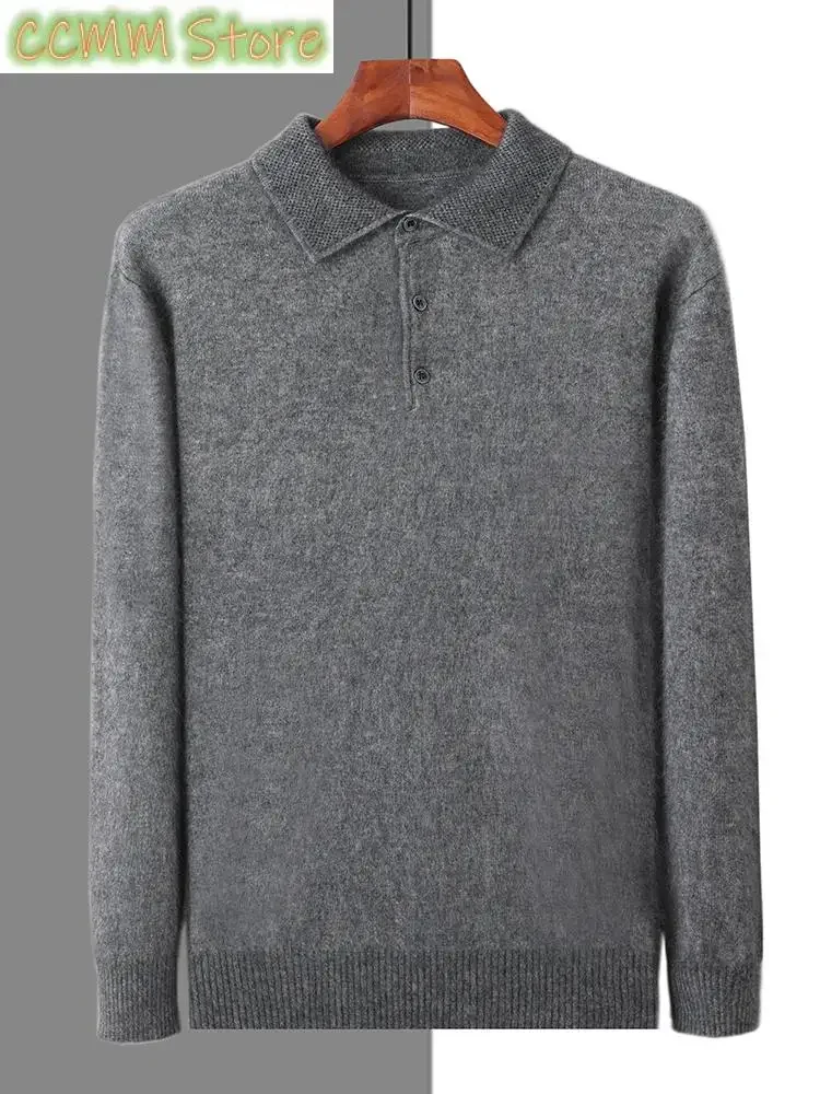 Mink Cashmere Jacket Men's POLO Collar Pullover Spring Autumn New Knitted Tops Casual Loose Large Size Men's Shirts