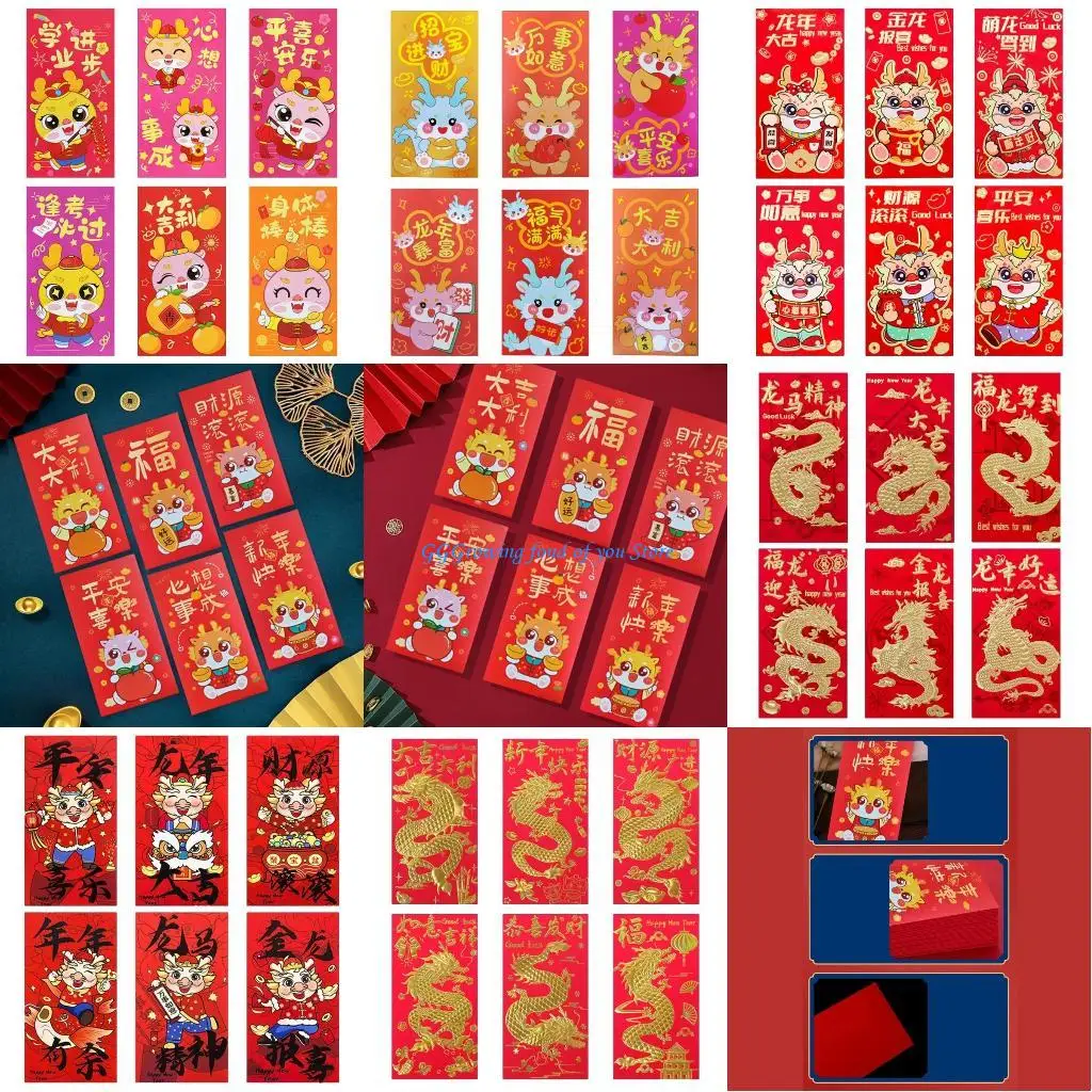 

H9EB 6 Pcs Chinese New Year Redness Envelope Lucky Money Envelope The year of Dragon Redness Envelope for Spring Festival