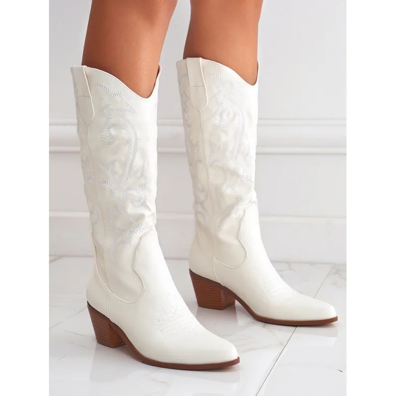 Vintage Knee High Cowgirls Black Western Boots Shoes Zip up White Cowboy Boots Women