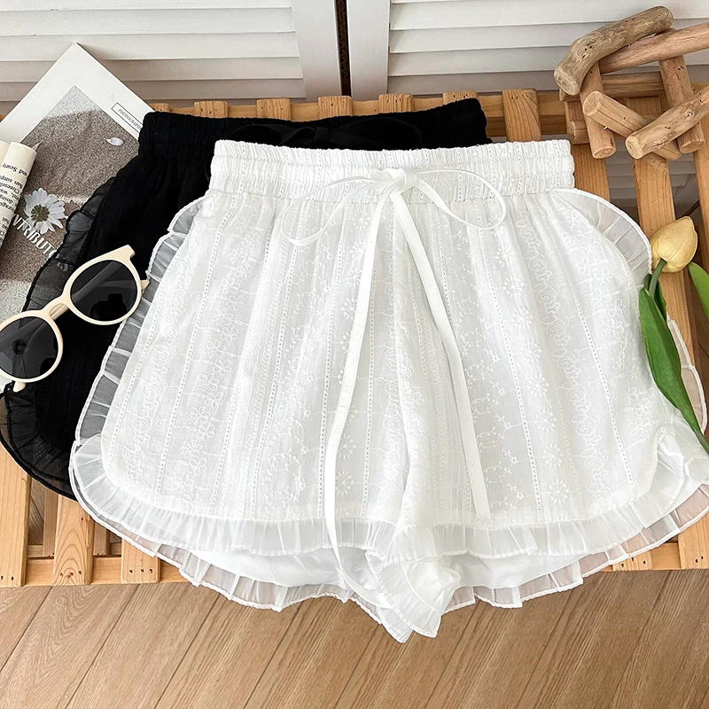 

Women Elegant Shorts Embroidery Floral Lace Short Pants Elastic Waist Ruched Wide Leg Pants Female Summer Versatile Trouser