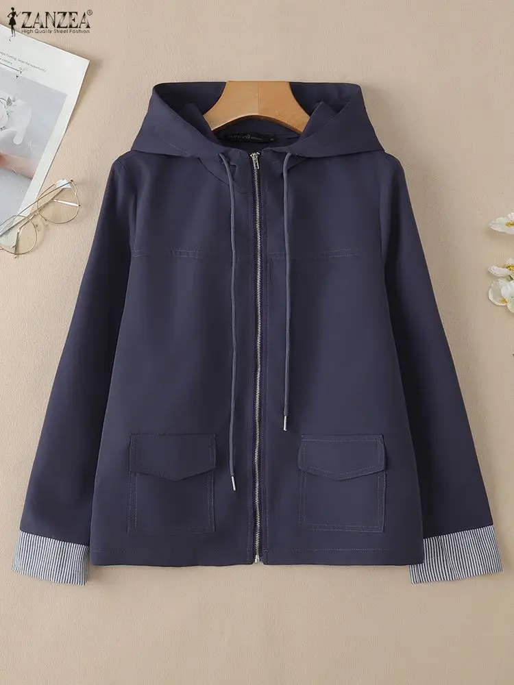 

Женские куртки на молнии с капюшоном, осень 2022, повседневные полосатые манжеты, пальто с длинными рукавами, накладные карманы, ZANZEA, рабочая одежда-карго, S-3XL