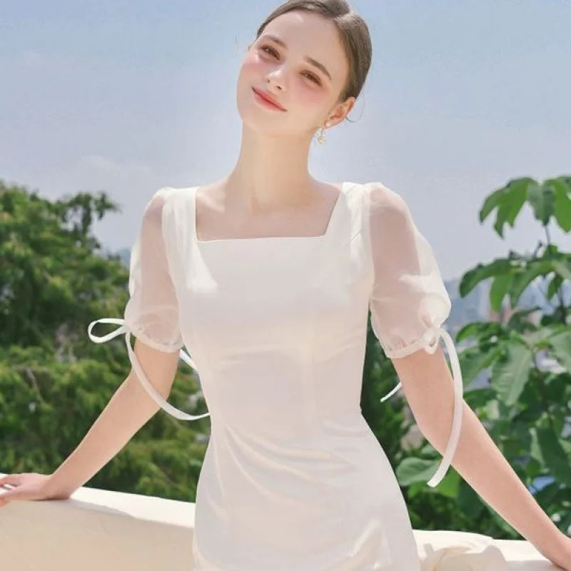 French light wedding dress satin simple designer short sleeve fishtail white evening gown bride