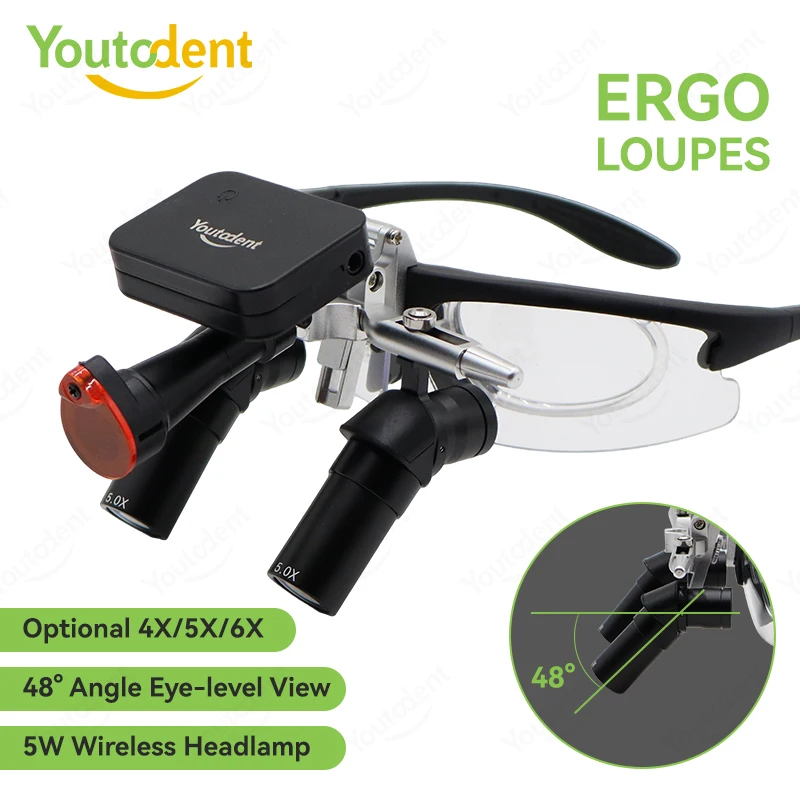 4X/5X/6X Dental Loupes 48° Eye-level View With 5W Wireless Magnetic Detachable LED Headlight Ergo Binocular Surgical Magnifier