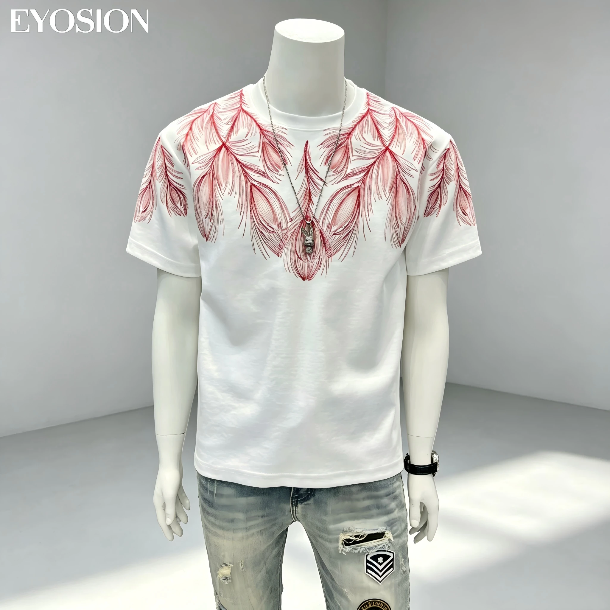 2026 Summer Men's T-shirt Peacock Feathers Embroidery Unisex Tee Shirt Casual Tees O-Neck High Quality Cotton Short Sleeve Tops