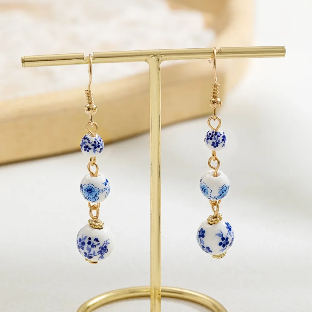 Exquisite Temperament Blue White Porcelain Bead Long Dangle Earrings for Women Court Style Banquet Festival Performance Jewelry