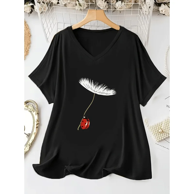 Women's Fashion V-Neck Batwing Sleeve T-Shirt - Dandelion & Ladybug Print Design, Loose Fit Casual Top, Everyday Casual Style