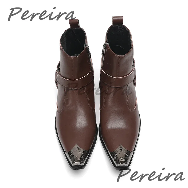 

Men's Retro Brown Short Boots British Style Classic Cow Leather Side Zipper Metal Toe Chelsea Boots Party Business Dress Shoes