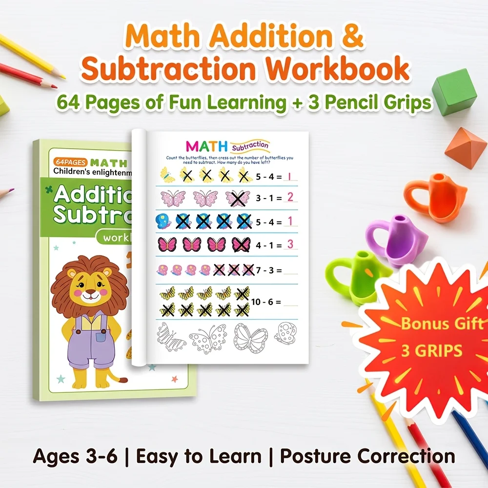 Preschool Math Addition Subtraction Workbook,64Pages with 3 Pencil Grips,Early Learning Book for Kids Ages 3-6 Home Practice