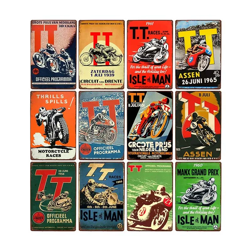 Retro TT Isle Of Man Motorcycle Metal Sign 2D Flat - Vintage Racing Tin Poster Wall Plate 20x30cm for Bar Garage Home