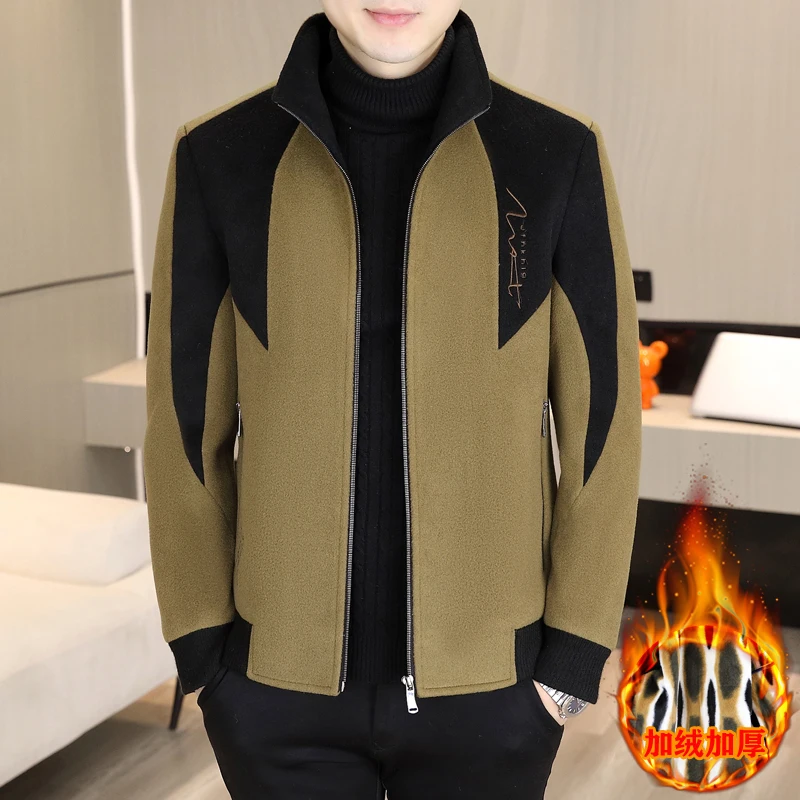

Korean Fashion Patchwork Woolen Jacket for Men Winter Thick and Warm Wool Blends Jacket Stand Collar Casual Business Overcoat