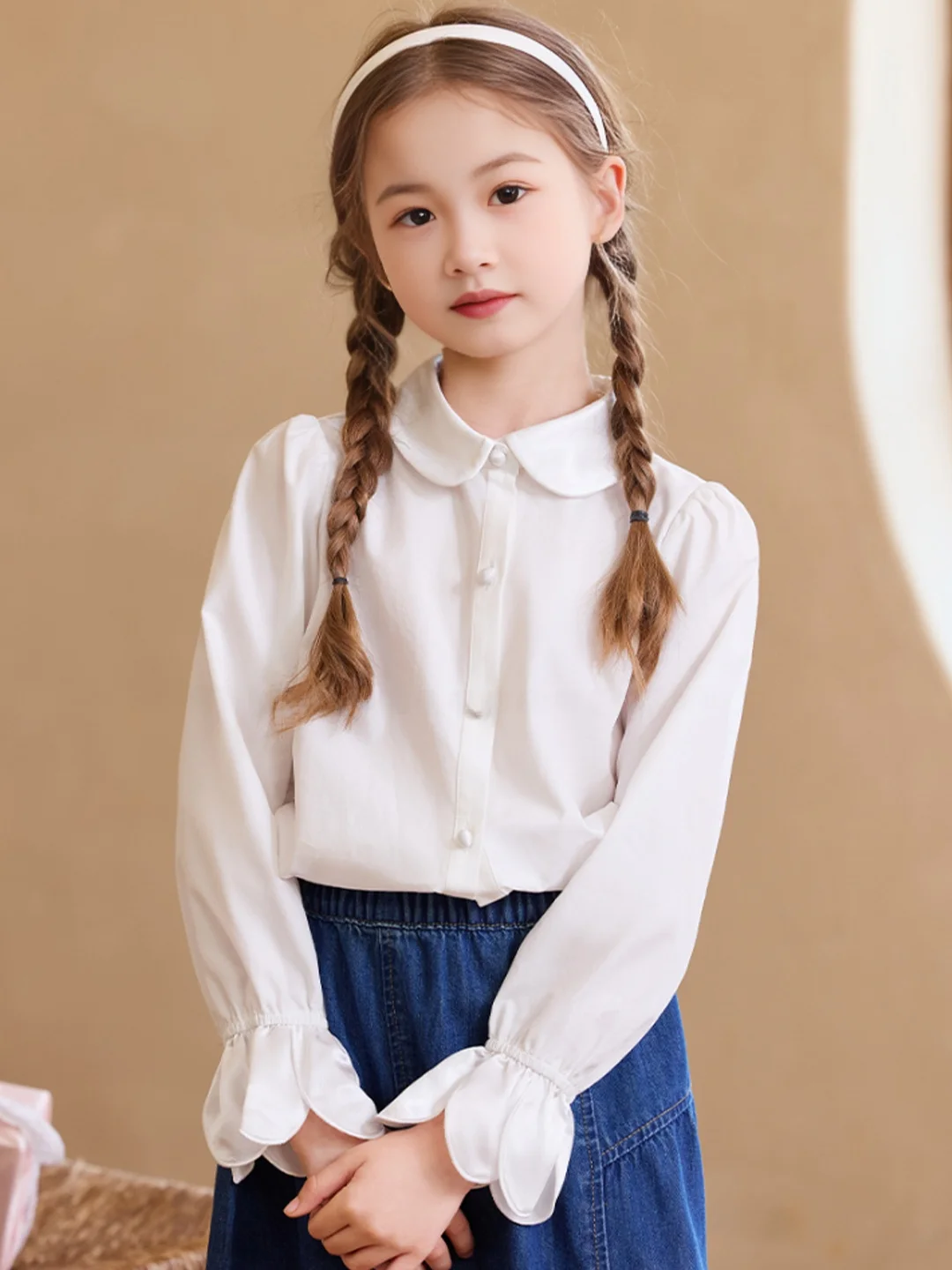 girls-long-sleeve-shirt-white-doll-collar-bell-sleeve-spring-clothing-for-middle-and-large-children-casual-polyester-fiber