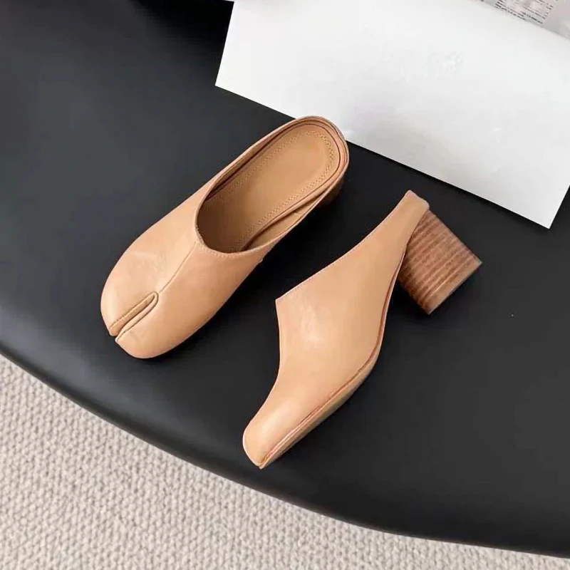 Tibi Split Toe Shoes Womens High Heels Genuine Leather Sandals Black Sandals Peeptoe Slippers Sheepskin Luxury Footwear
