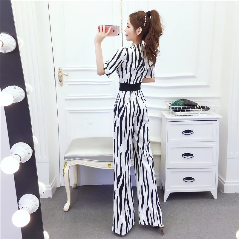 Striped Jumpsuits & Rompers for Women V Neck Short Sleeve High Waisted Elegant Female White and Black Casual Overalls