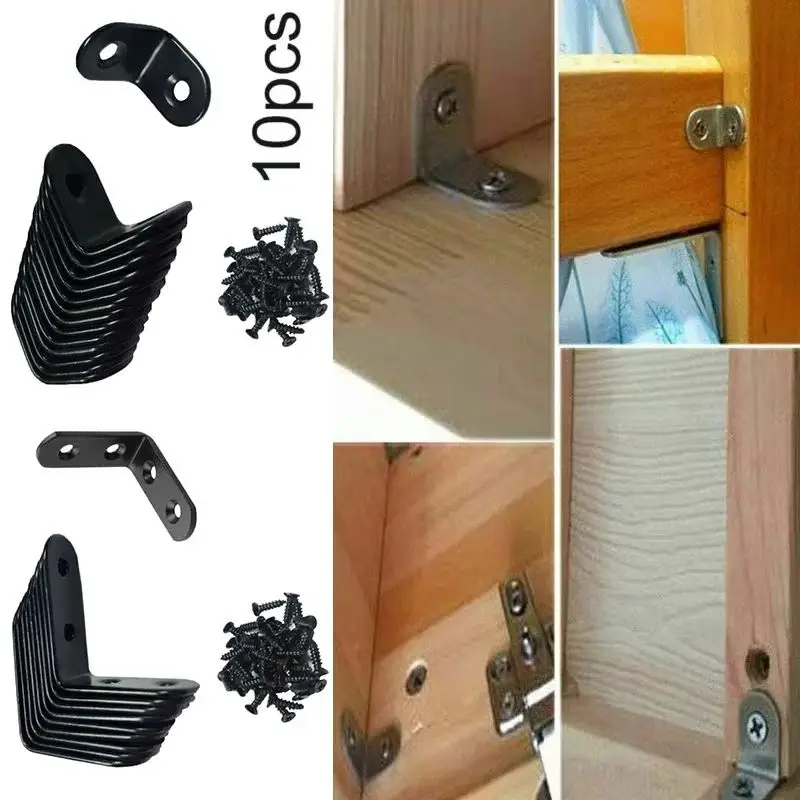 

10pcs Stainless Steel Right Angle Bracket Support Black L-Shaped Brackets Iron Wardrobes Cabinet Joint Furniture Hardware