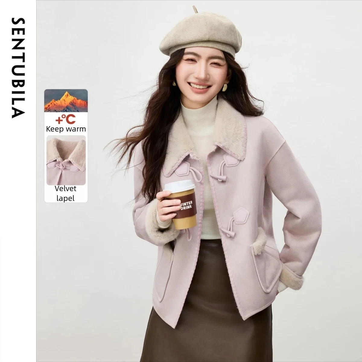 SENTUBILA Women's Suede Coat 2026 Winter Preppyt Style Short Coat Horn Button Loose Fit Versatile Thick Warm Jacket W54PA4095