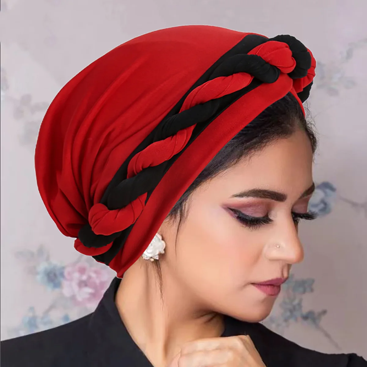 Clássico Color Block Hijab Trançado para Mulheres, Chapéus Turbante, Cor Sólida, Elástico Cabeça Wraps, Gorros Respiráveis, Ramadan Chemo Cap