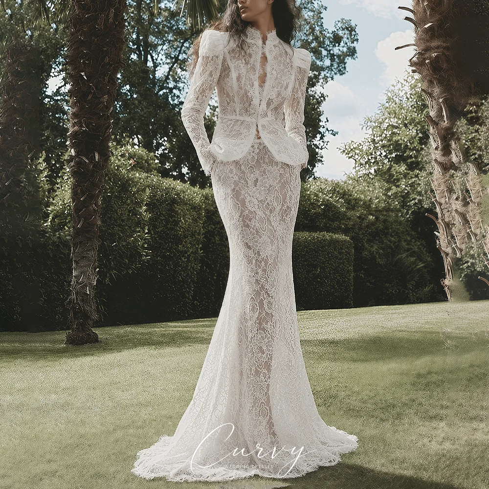 Curvy Modern Mermaid Wedding Dresses for Women Two‑Piece Long‑Sleeve Peplum Waist Floral Lace Sweep‑Train Bride Dress 2026